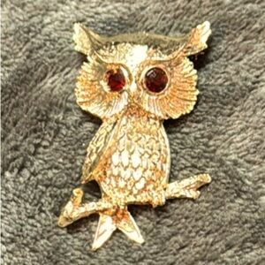 Vintage Owl Pin with Red Rhinestone Eyes